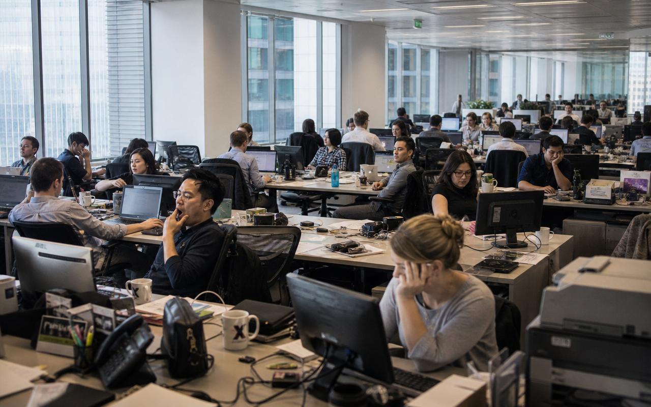 Open space rempli de salariés fatigués, certains bâillent, d'autres semblent rêveurs